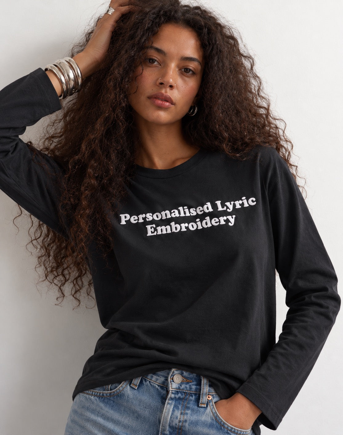 Women's Personalised Lyric Centre Chest Embroidered premium organic iconic Long Sleeve 'Creator 2.0' t-shirt - choose your own lyrics, font and thread colour