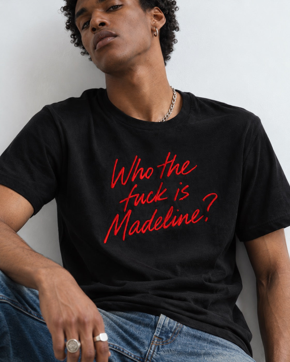 Men’s ‘WHO THE F CK IS MADELINE?' lipstick scrawl embroidered premium organic 'Creator' t-shirt