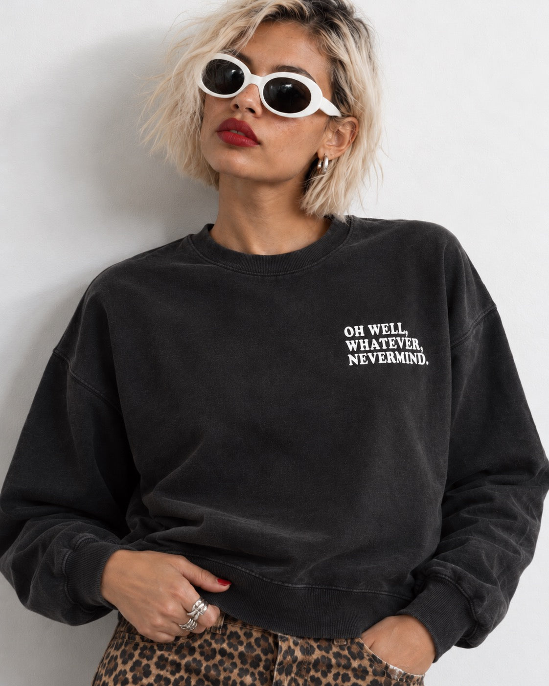 Women's 'OH WELL, WHATEVER, NEVERMIND.' left chest embroidered premium organic women's drop shoulder Vintage Garment Dyed 'Alma' sweatshirt