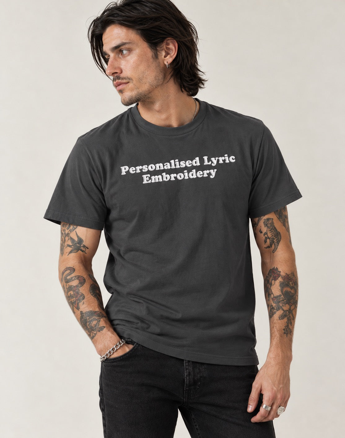 Personalised Lyric Centre Chest Embroidered premium organic iconic men's 'Rocker' t-shirt - choose your own lyrics, font and thread colour