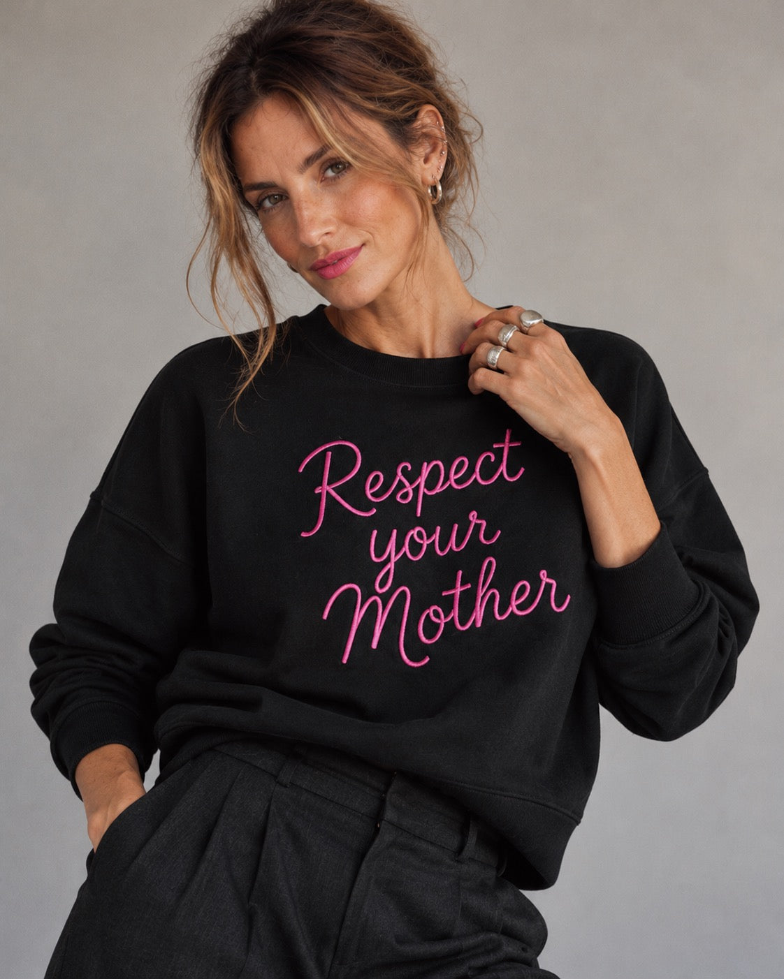 'RESPECT YOUR MOTHER' embroidered organic women's dropped shoulder 'Alma' sweatshirt