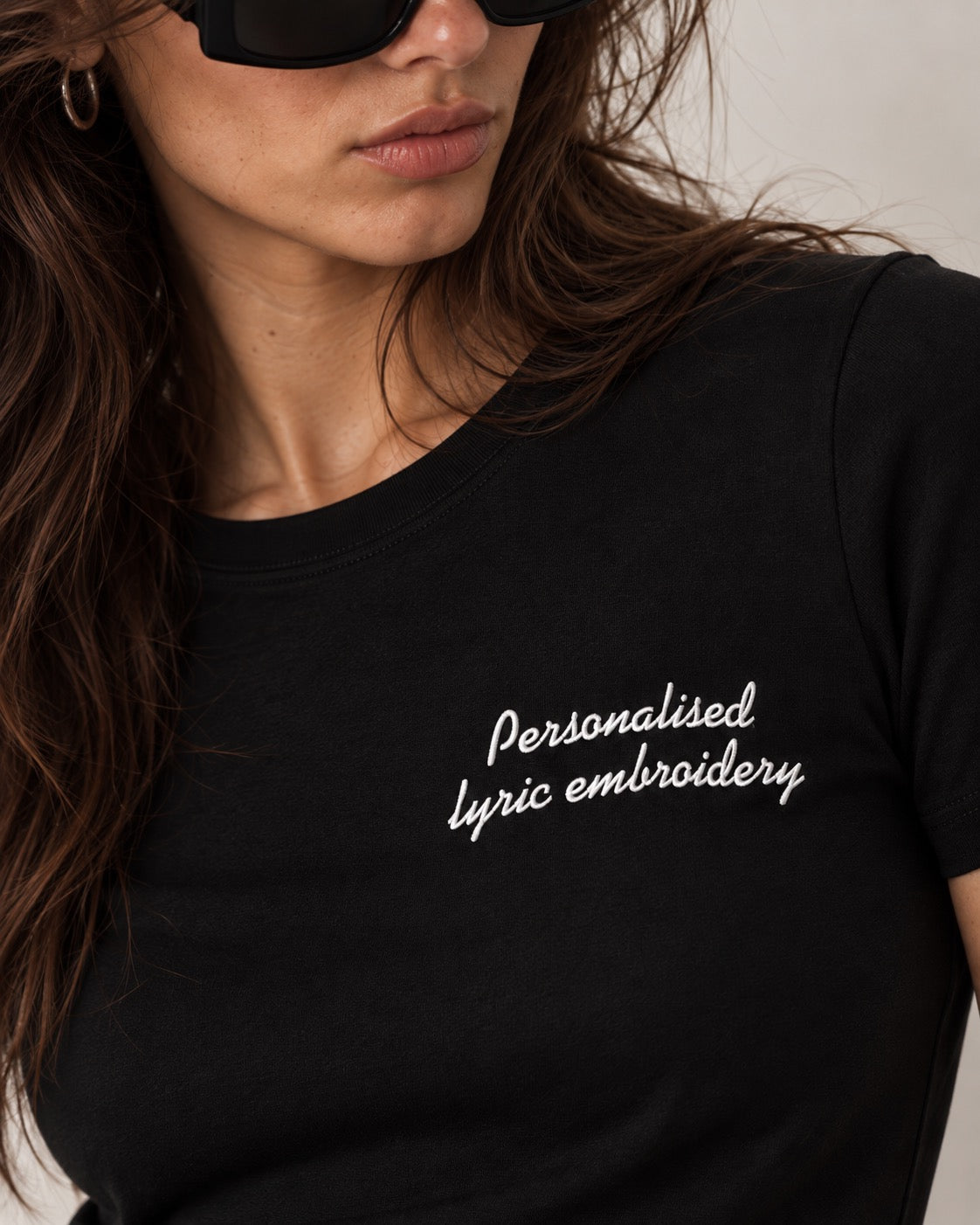 Personalised Lyric Left Chest Embroidered premium organic iconic women's fitted 'Expresser' t-shirt - choose your own lyrics, font and thread colour