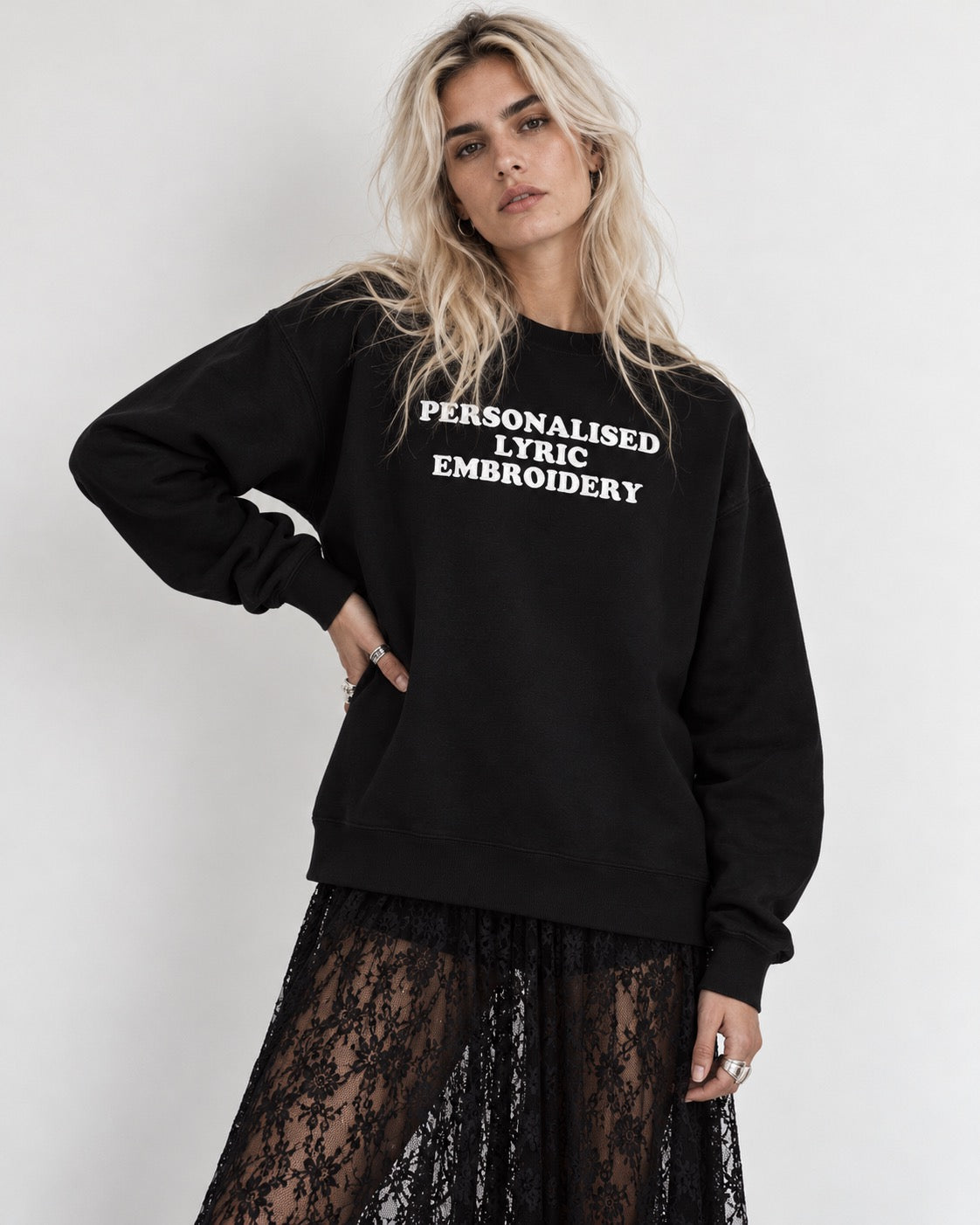 Women's Personalised Lyric Centre Chest Embroidered premium organic classic crew neck 'Changer' sweatshirt
