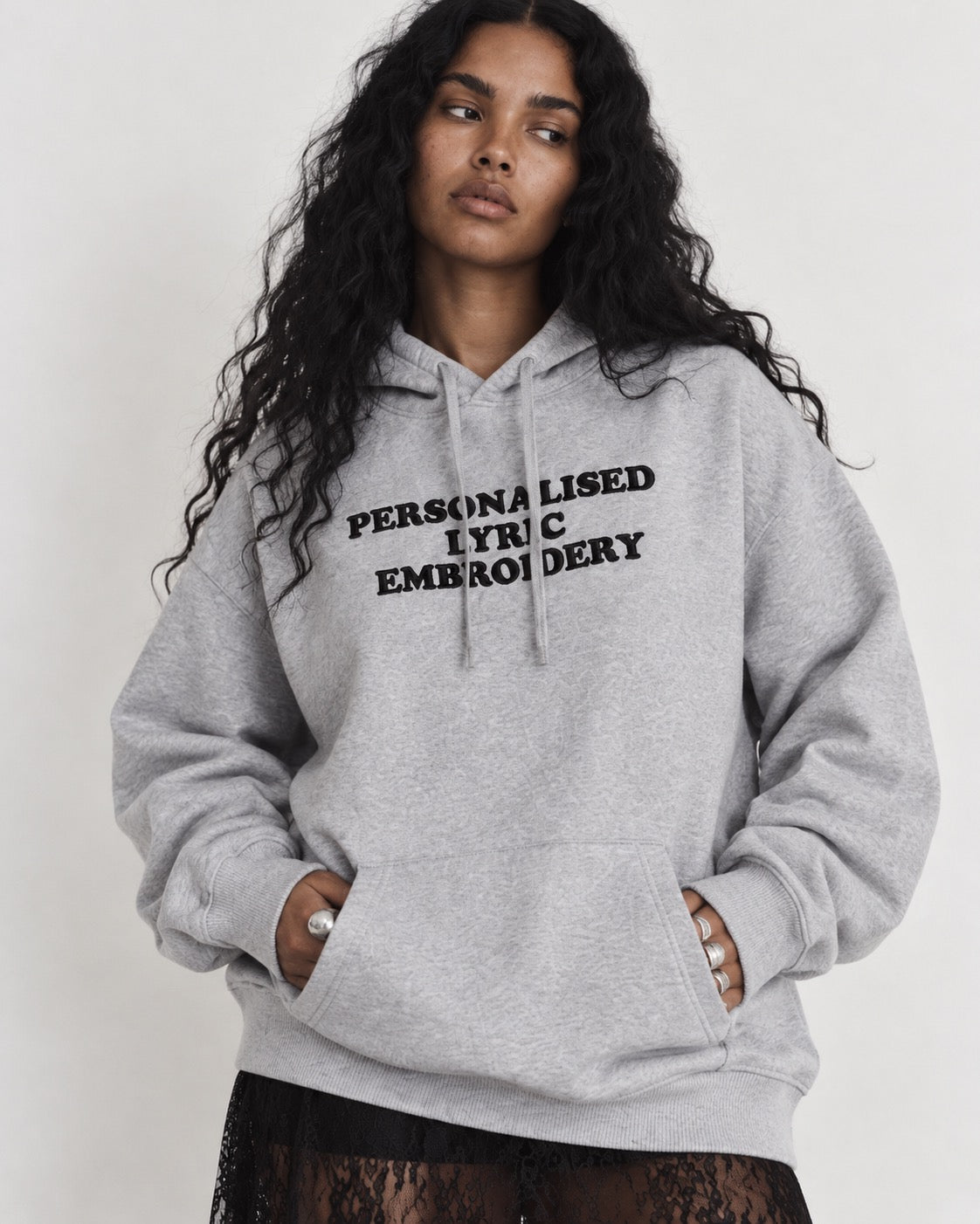 Women's Personalised Lyric Centre Chest Embroidered premium organic iconic 'Drummer' hoodie