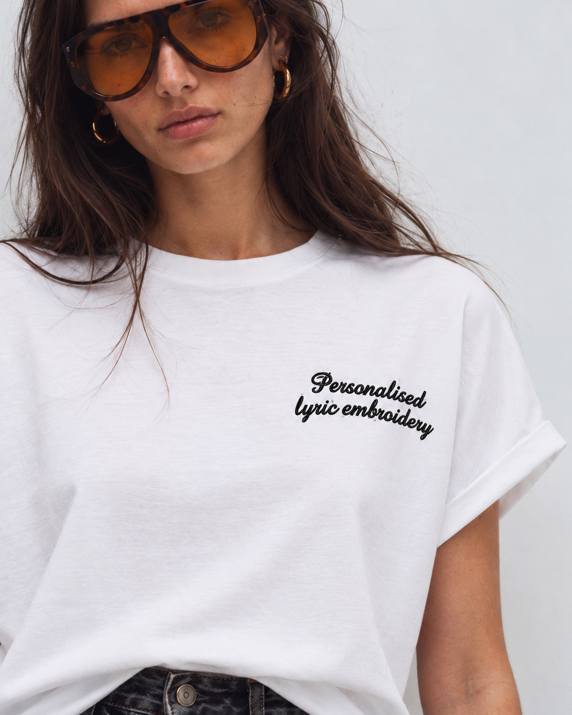 Personalised Lyric Left Chest Embroidered premium organic iconic women's 90s style dolman sleeve 'Collider' t-shirt - choose your own lyrics, font and thread colour
