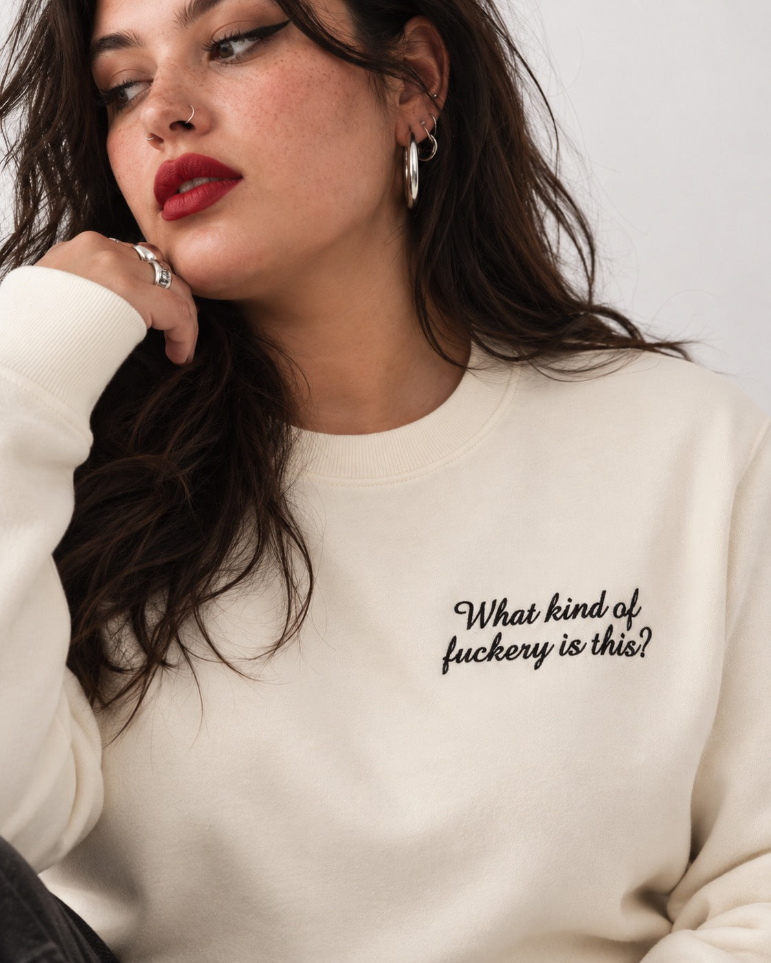 Women's 'WHAT KIND OF F CKERY IS THIS?' left chest embroidered premium organic cotton 'Matcher' sweatshirt - EXTENDED SIZING