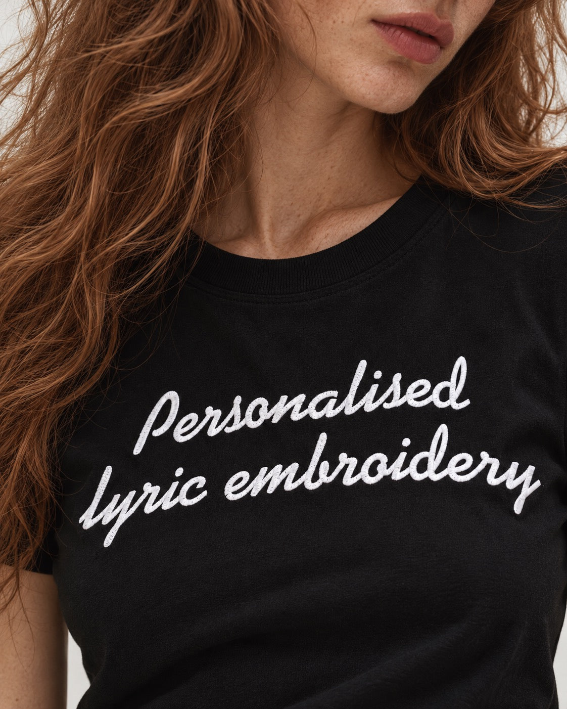 Personalised Lyric Centre Chest Embroidered premium organic iconic women's 'Muser' t-shirt - choose your own lyrics, font and thread colour