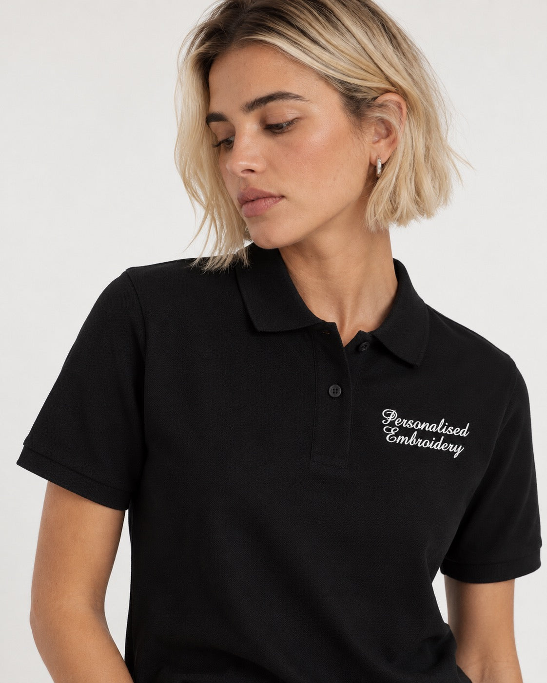 Personalised Lyric Left Chest Embroidered premium organic women's 'Lol' polo shirt - choose your own lyrics, font and thread colour