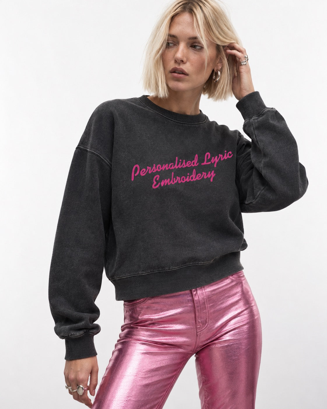 Personalised Lyric Centre Chest Embroidered premium organic women's drop shoulder Vintage Garment Dyed 'Alma' sweatshirt