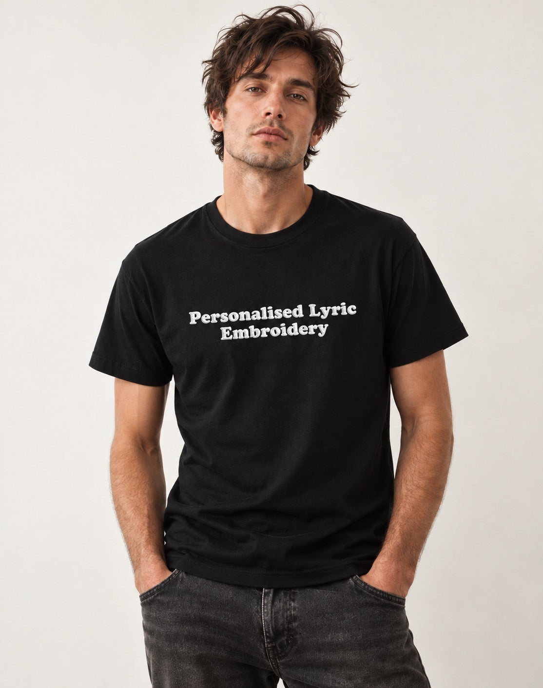Personalised Lyric Centre Chest Embroidered premium organic iconic men's 'Rocker' t-shirt - choose your own lyrics, font and thread colour