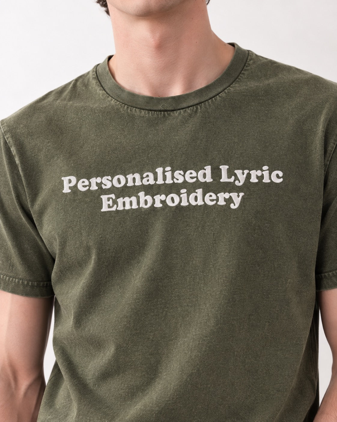 Men's Personalised Lyric Centre Chest Embroidered premium organic garment dyed 'Creator Vintage' t-shirt