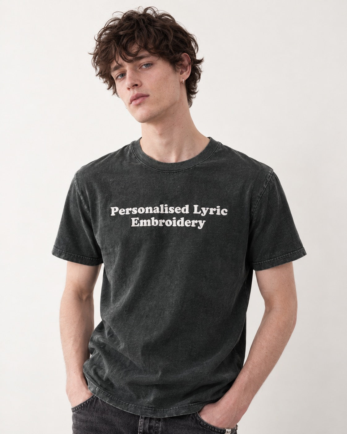 Men's Personalised Lyric Centre Chest Embroidered premium organic garment dyed 'Creator Vintage' t-shirt
