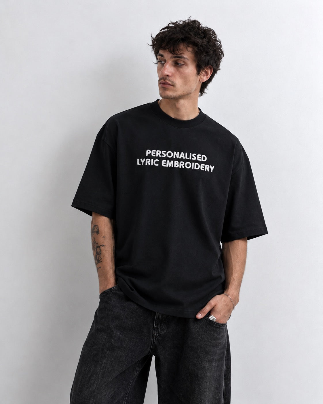 Men's Personalised Lyric Centre Chest Embroidered premium organic iconic heavy dropped shoulder 'Blaster' t-shirt