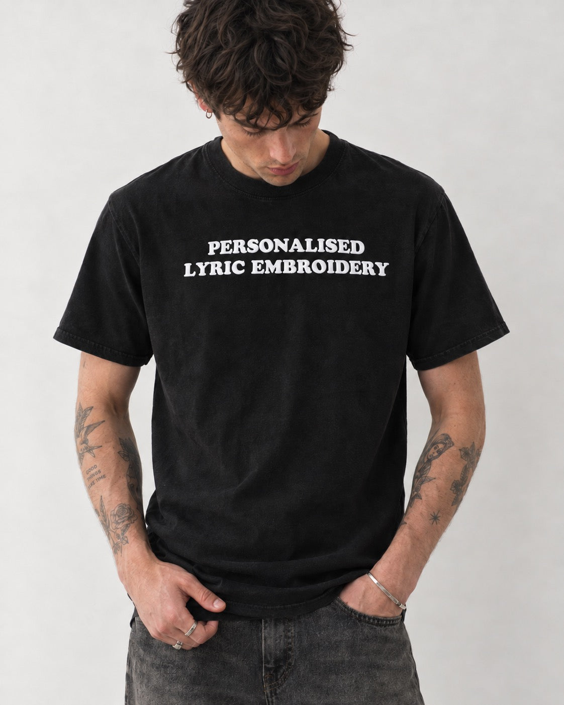 Men's Personalised Lyric Centre Chest Embroidered premium organic iconic relaxed heavy 'Freestyler' t-shirt