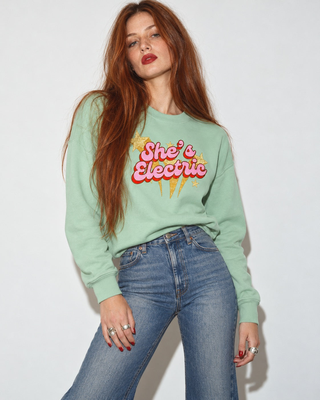 Gold Label 'SHE'S ELECTRIC' 1970s glam glitter star embroidered organic women's dropped shoulder 'alma' sweatshirt - inspired by Oasis