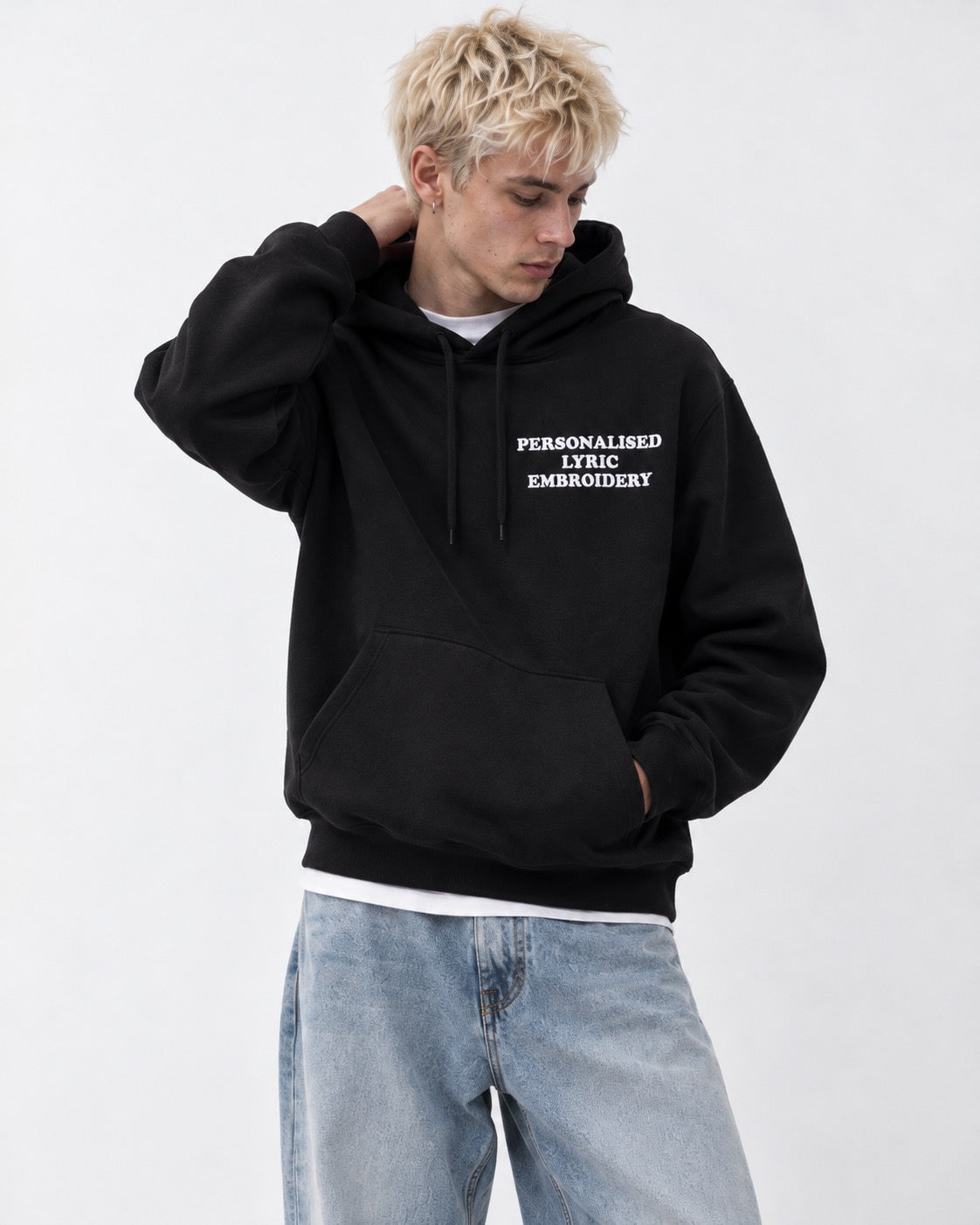 Men's Personalised Lyric Centre Chest Embroidered premium organic iconic 'Drummer' hoodie