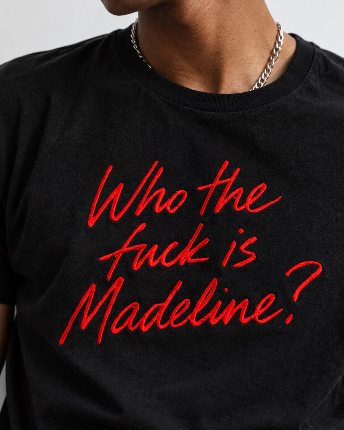 Men’s ‘WHO THE F CK IS MADELINE?' lipstick scrawl embroidered premium organic 'Creator' t-shirt