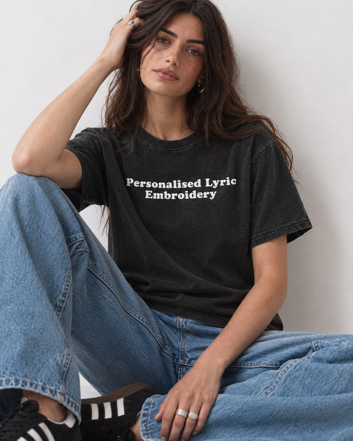 Women's Personalised Lyric Centre Chest Embroidered premium organic garment dyed 'Creator Vintage' t-shirt