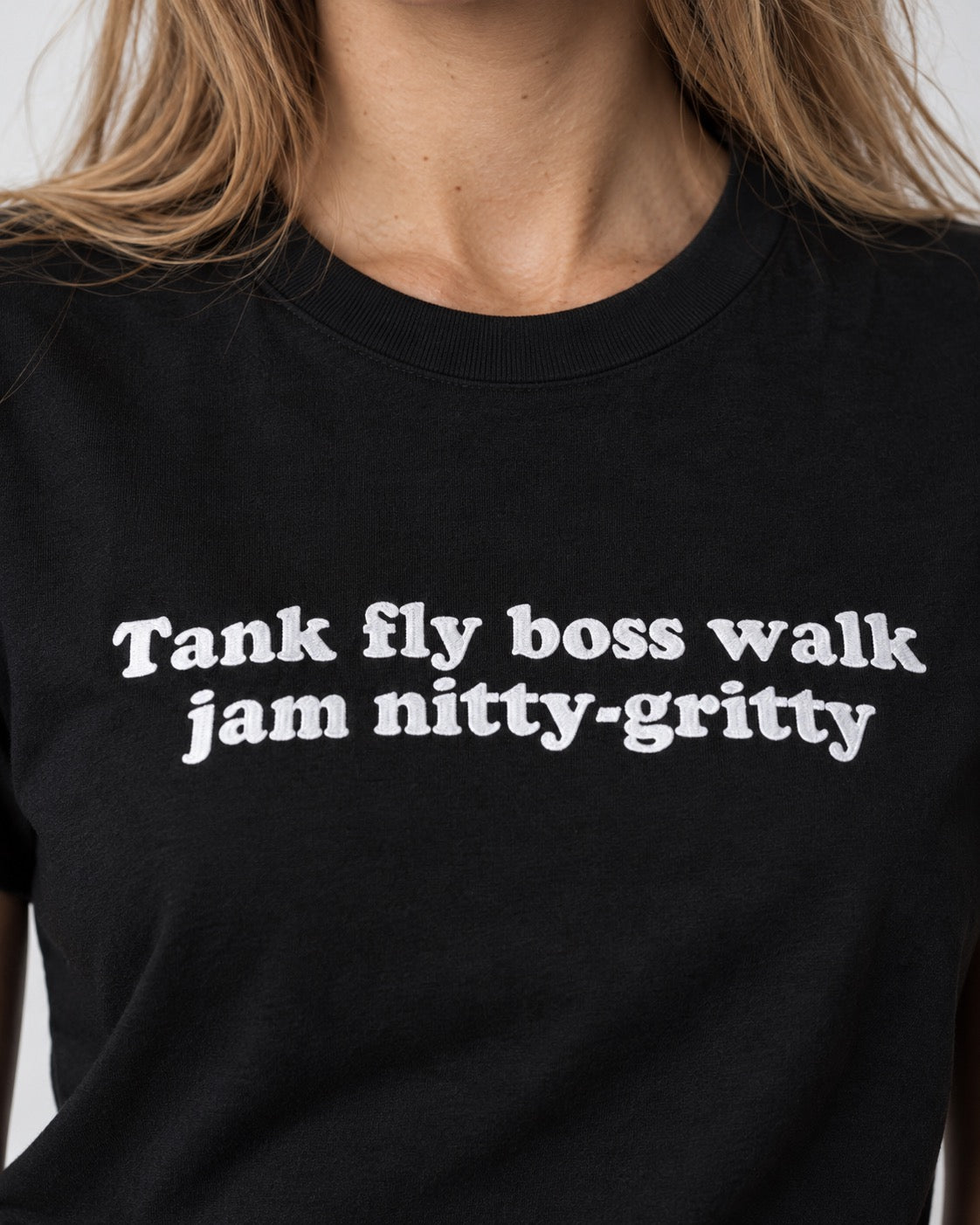 'TANK FLY BOSS WALK JAM NITTY-GRITTY' 1990's inspired embroidered organic women's 'muser' t-shirt.