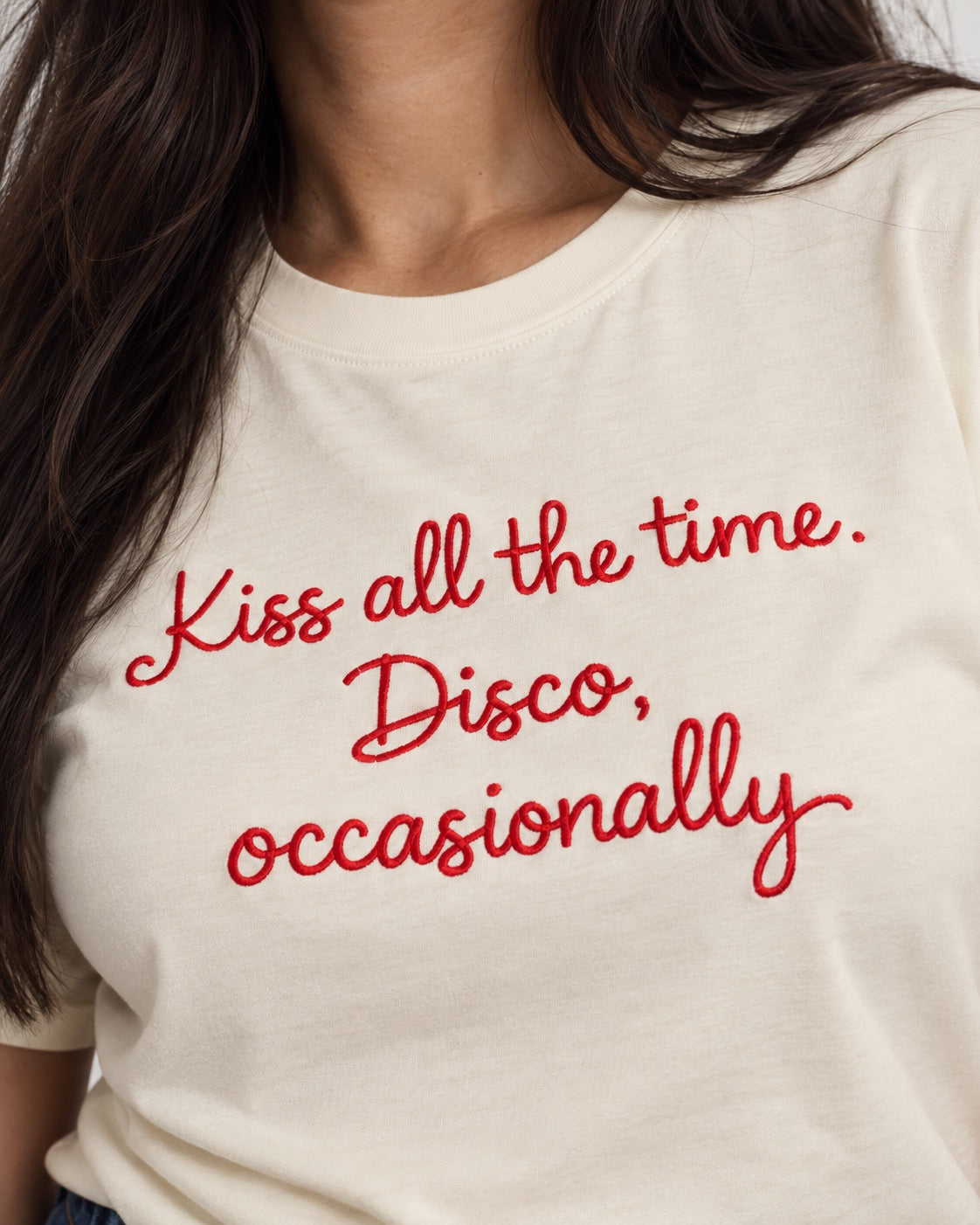 'KISS ALL THE TIME, DISCO OCCASIONALLY' embroidered premium organic women's classic fit 'Muser' t-shirt