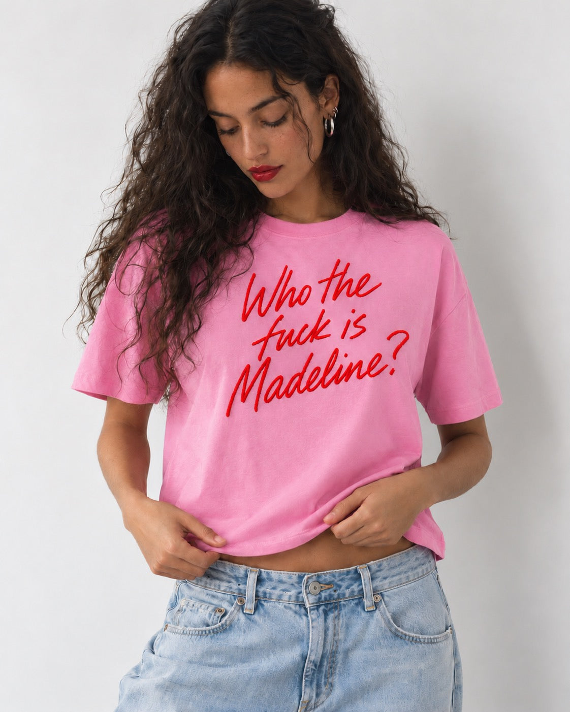 'WHO THE F CK IS MADELINE?' lipstick scrawl embroidered premium organic women's boxy 'nova' t-shirt