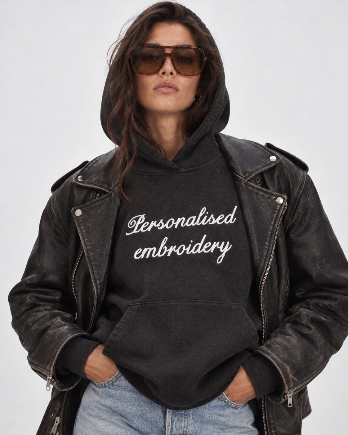 NEW Women's Personalised Lyric Centre Chest Embroidered premium organic vintage 'Chaser' hoodie