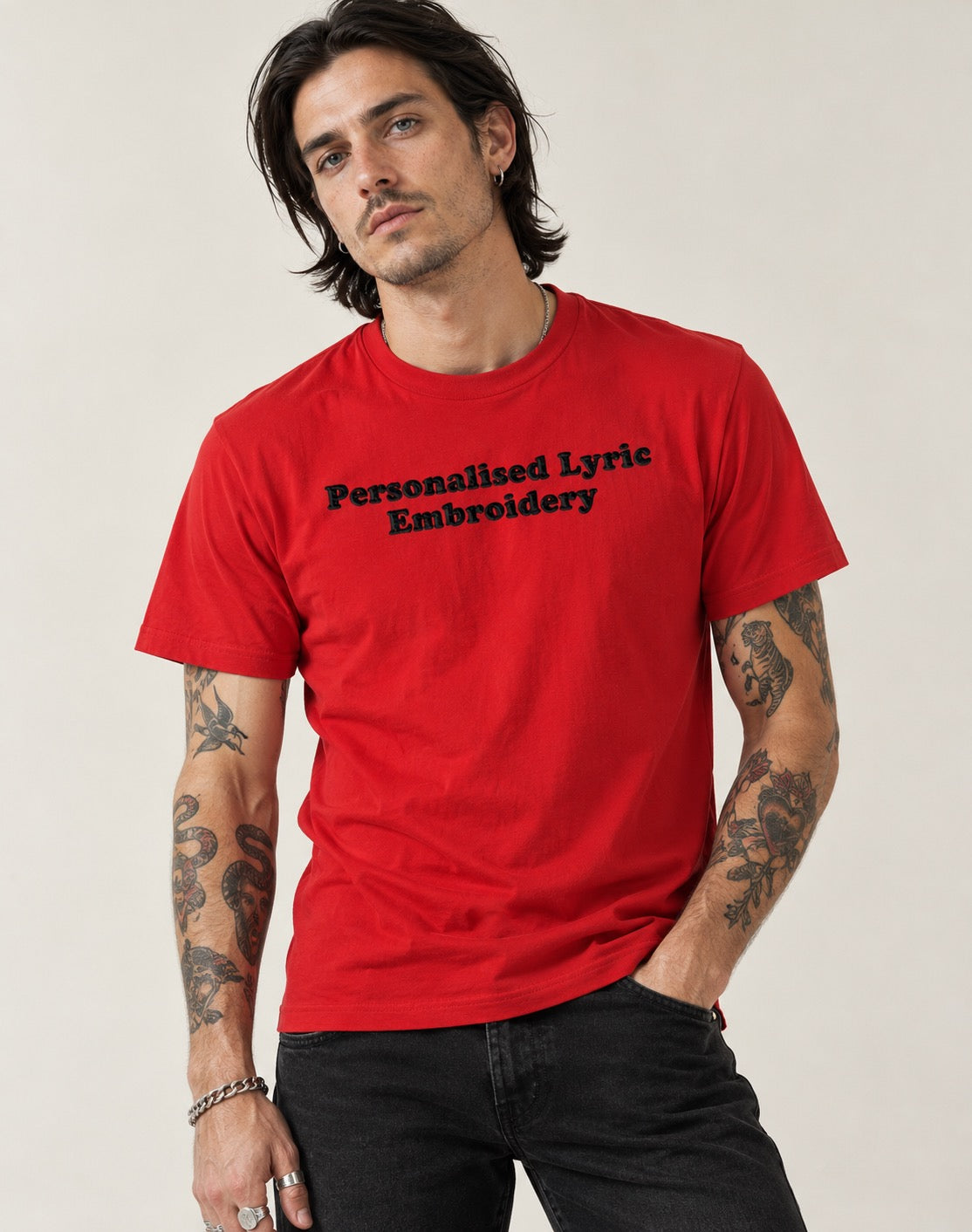 Personalised Lyric Centre Chest Embroidered premium organic iconic men's 'Rocker' t-shirt - choose your own lyrics, font and thread colour