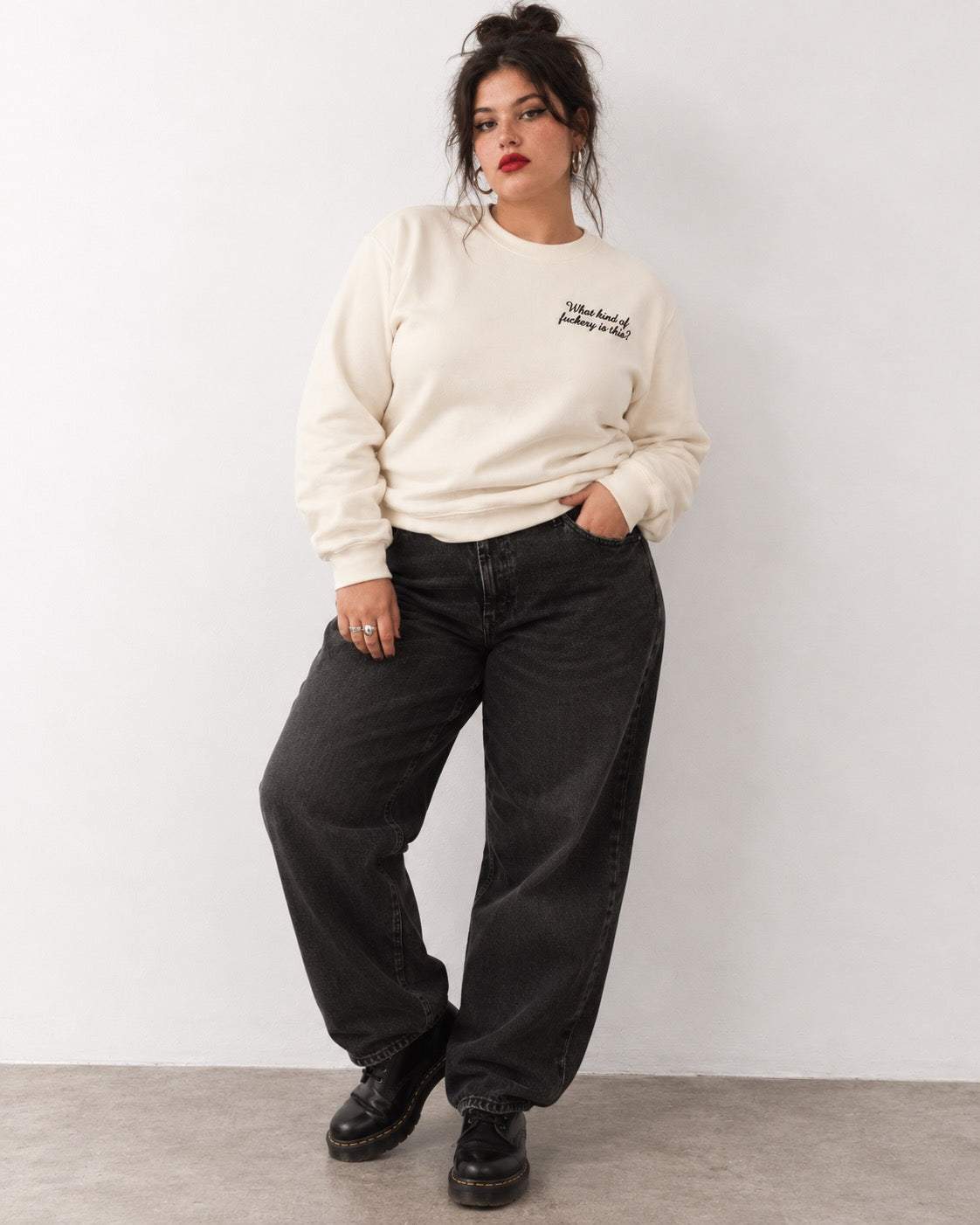Women's 'WHAT KIND OF F CKERY IS THIS?' left chest embroidered premium organic cotton 'Matcher' sweatshirt - EXTENDED SIZING