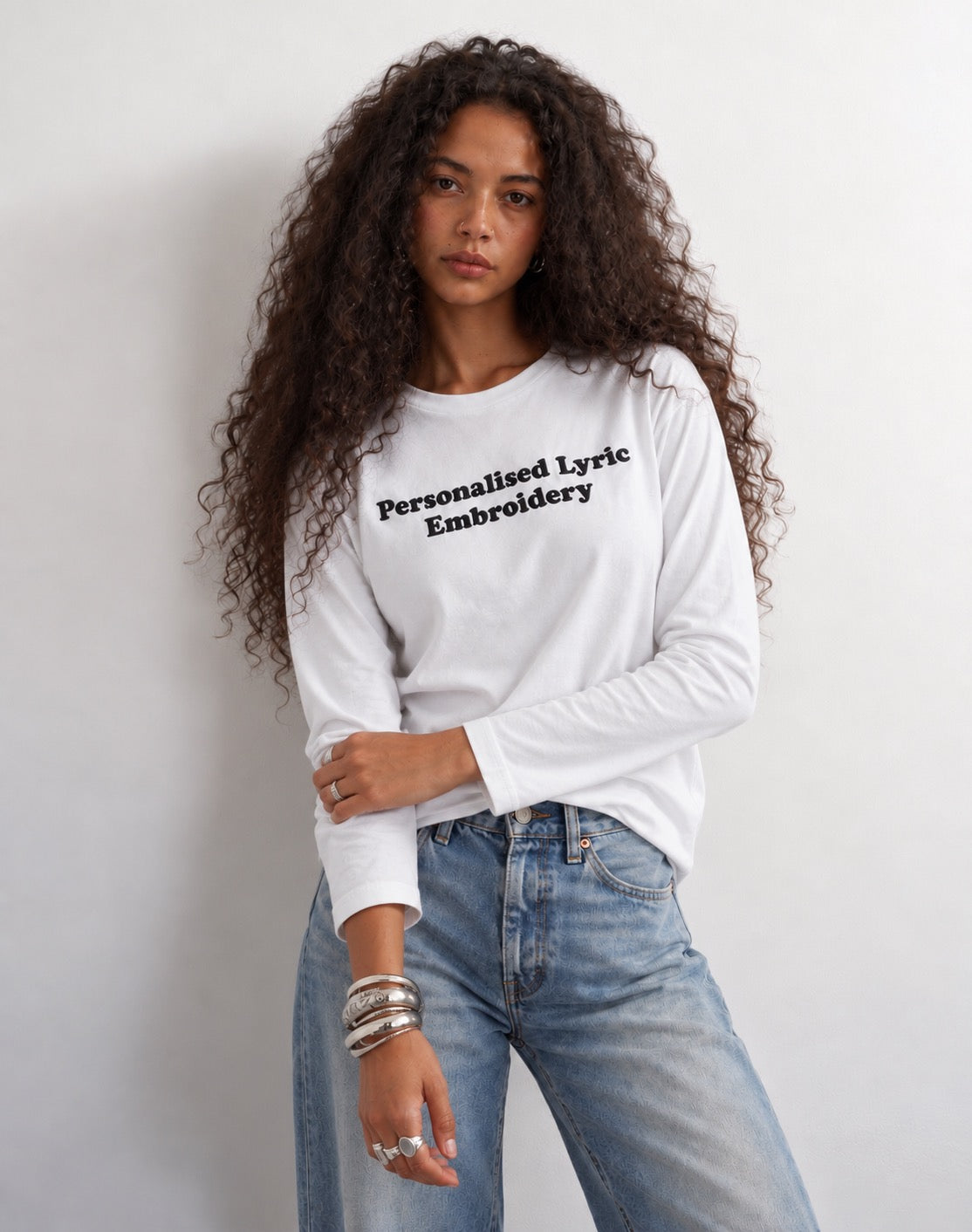 Women's Personalised Lyric Centre Chest Embroidered premium organic iconic Long Sleeve 'Creator 2.0' t-shirt - choose your own lyrics, font and thread colour