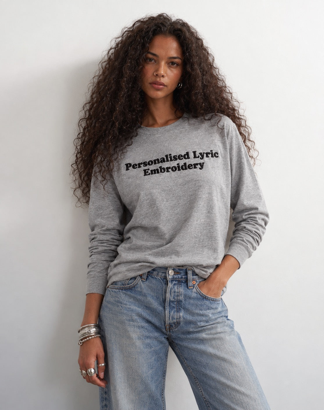 Women's Personalised Lyric Centre Chest Embroidered premium organic iconic Long Sleeve 'Creator 2.0' t-shirt - choose your own lyrics, font and thread colour