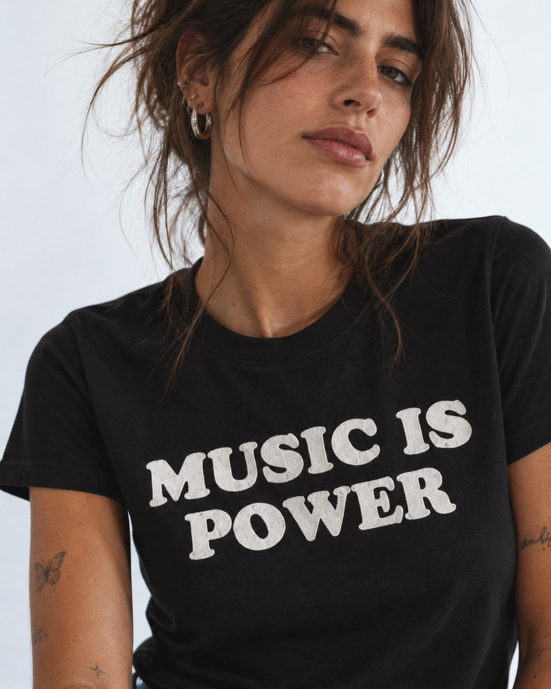 'MUSIC IS POWER' embroidered premium organic iconic women's 'Muser' t-shirt