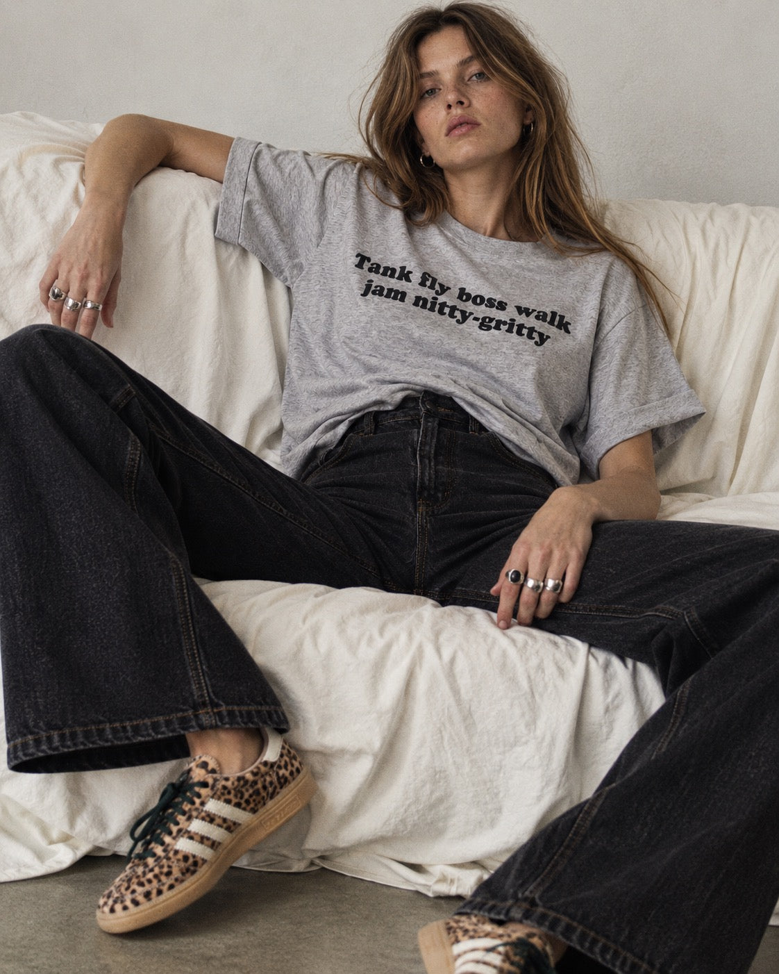 'TANK FLY BOSS WALK JAM NITTY-GRITTY' embroidered premium organic women's 1990;s oversized collider t-shirt.