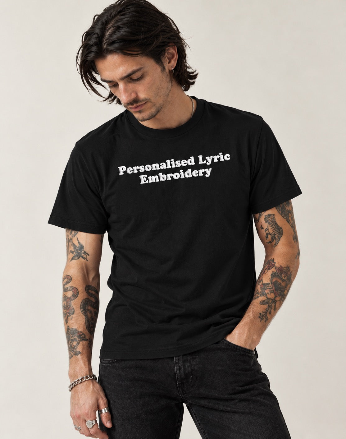 Personalised Lyric Centre Chest Embroidered premium organic iconic men's 'Rocker' t-shirt - choose your own lyrics, font and thread colour