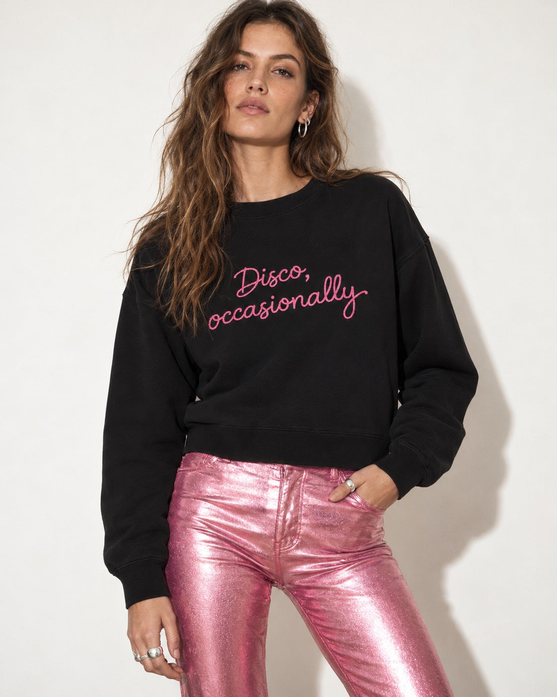 'DISCO, OCCASIONALLY' embroidered organic cotton women's 'Lianna' sweatshirt