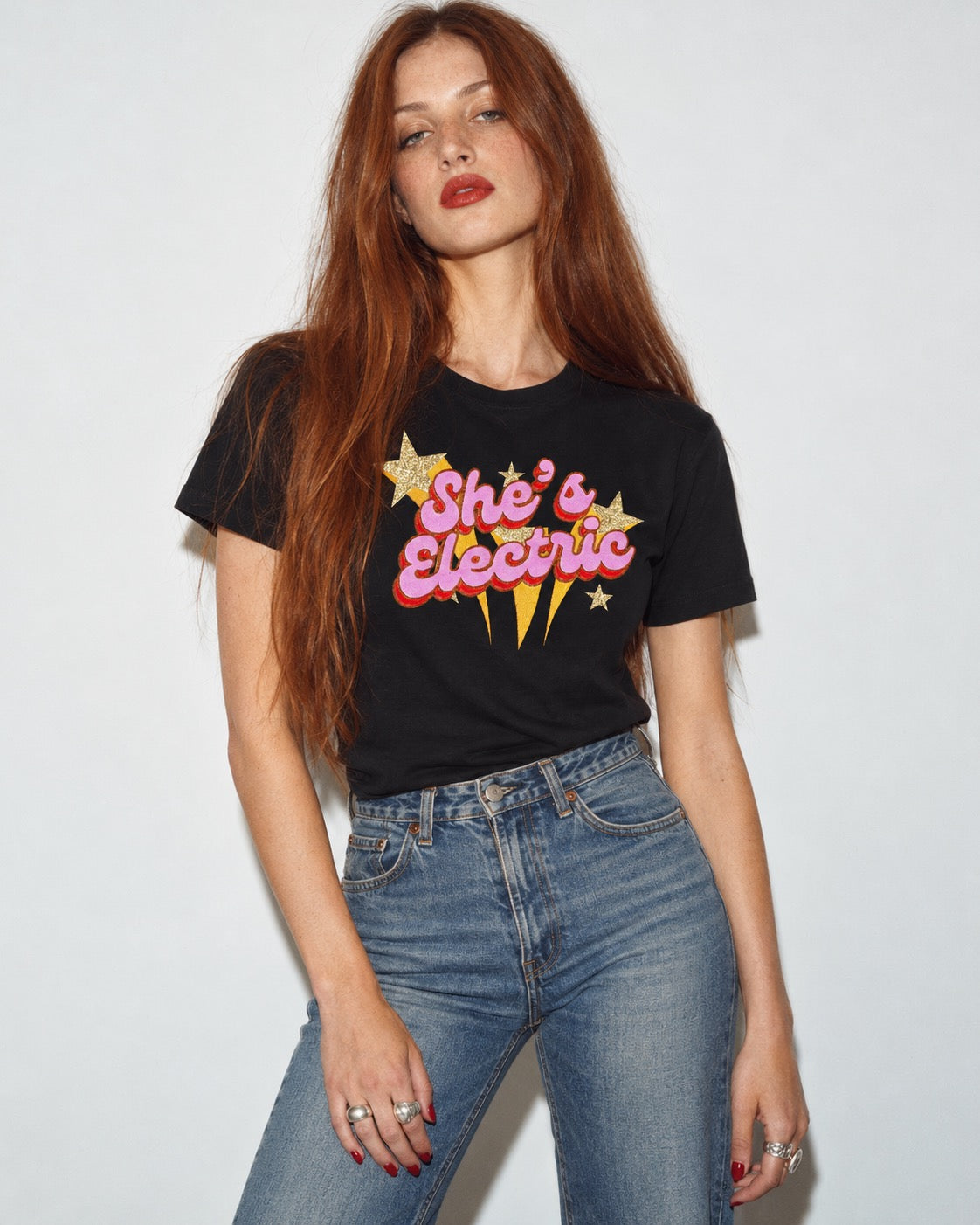 'SHE'S ELECTRIC' 70s Glam embroidered premium organic iconic women's 'Muser' t-shirt with glitter embroidery - Inspired by Oasis