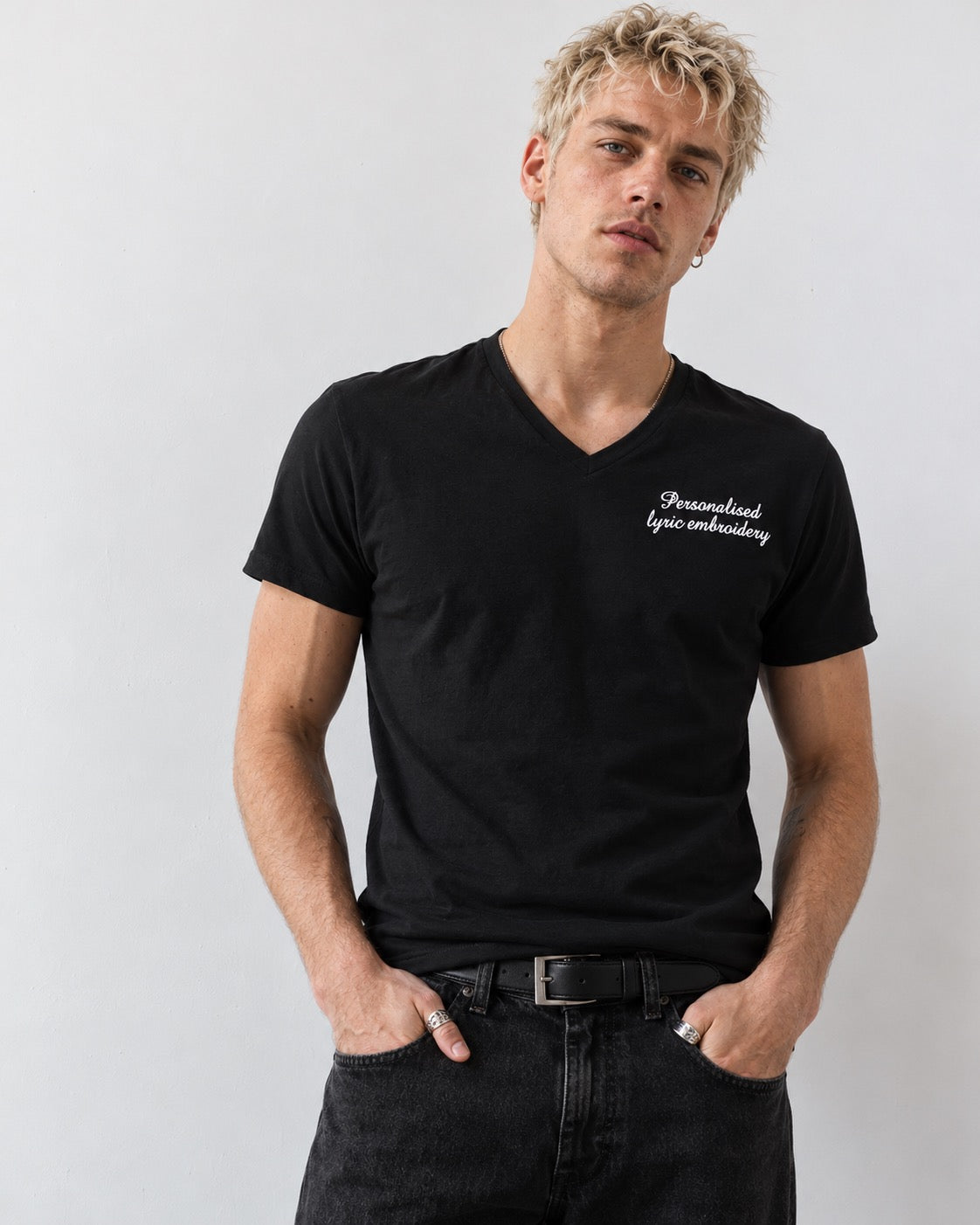 Men's Personalised Lyric Left Chest Embroidered premium organic iconic v-neck 90s 'Presenter' t-shirt
