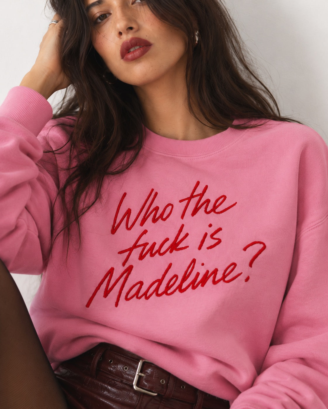 'WHO THE F CK IS MADELINE?' embroidered organic women's dropped shoulder 'alma' sweatshirt