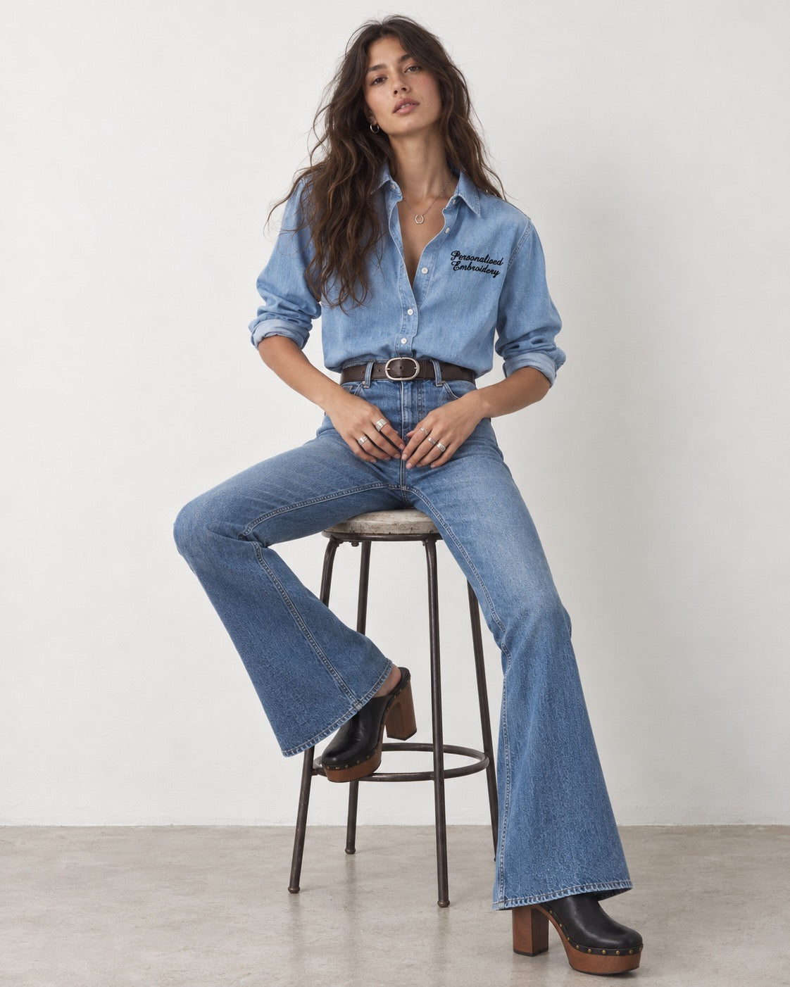 Personalised left chest embroidered women's organic denim 'Beth' shirt - choose your own words, font & thread colour