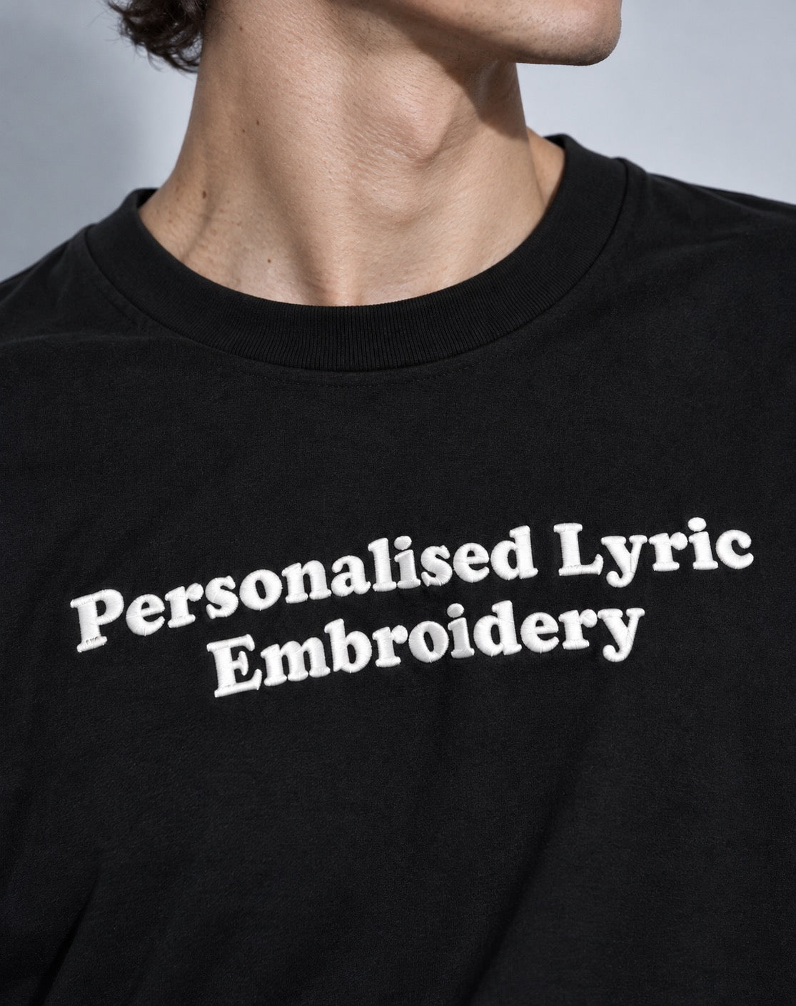 Men's Personalised Lyric Centre Chest Embroidered premium organic iconic Long Sleeve 'Creator 2.0' t-shirt - choose your own lyrics, font and thread colour