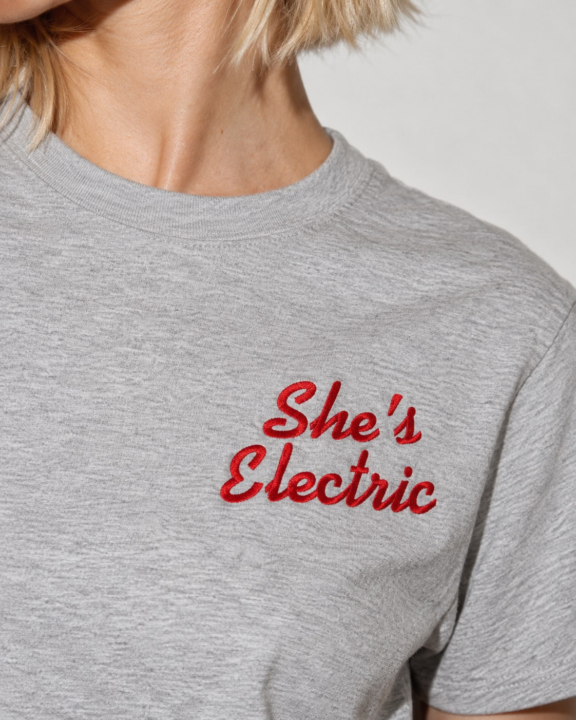 Women's 'SHE'S ELECTRIC' left chest embroidered premium organic medium fit 'Muser' t-shirt
