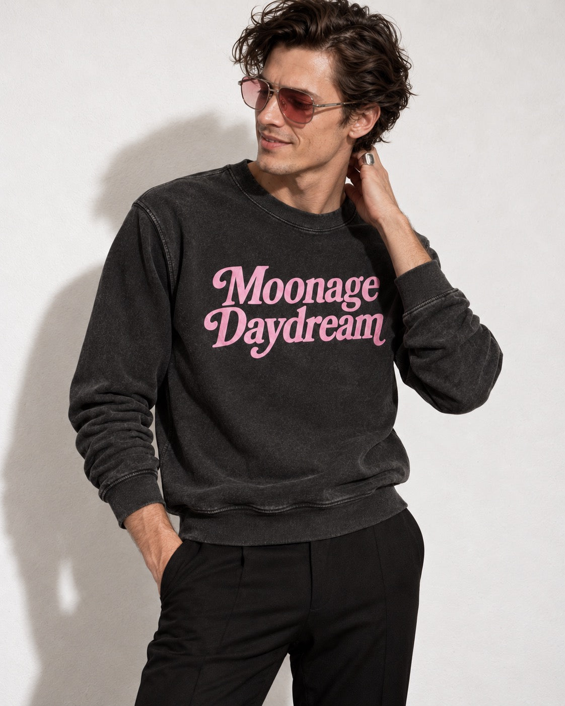Men's 'MOONAGE DAYDREAM' embroidered organic 'Matcher' vintage aged sweatshirt