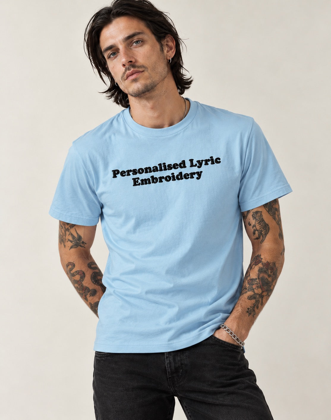 Personalised Lyric Centre Chest Embroidered premium organic iconic men's 'Rocker' t-shirt - choose your own lyrics, font and thread colour