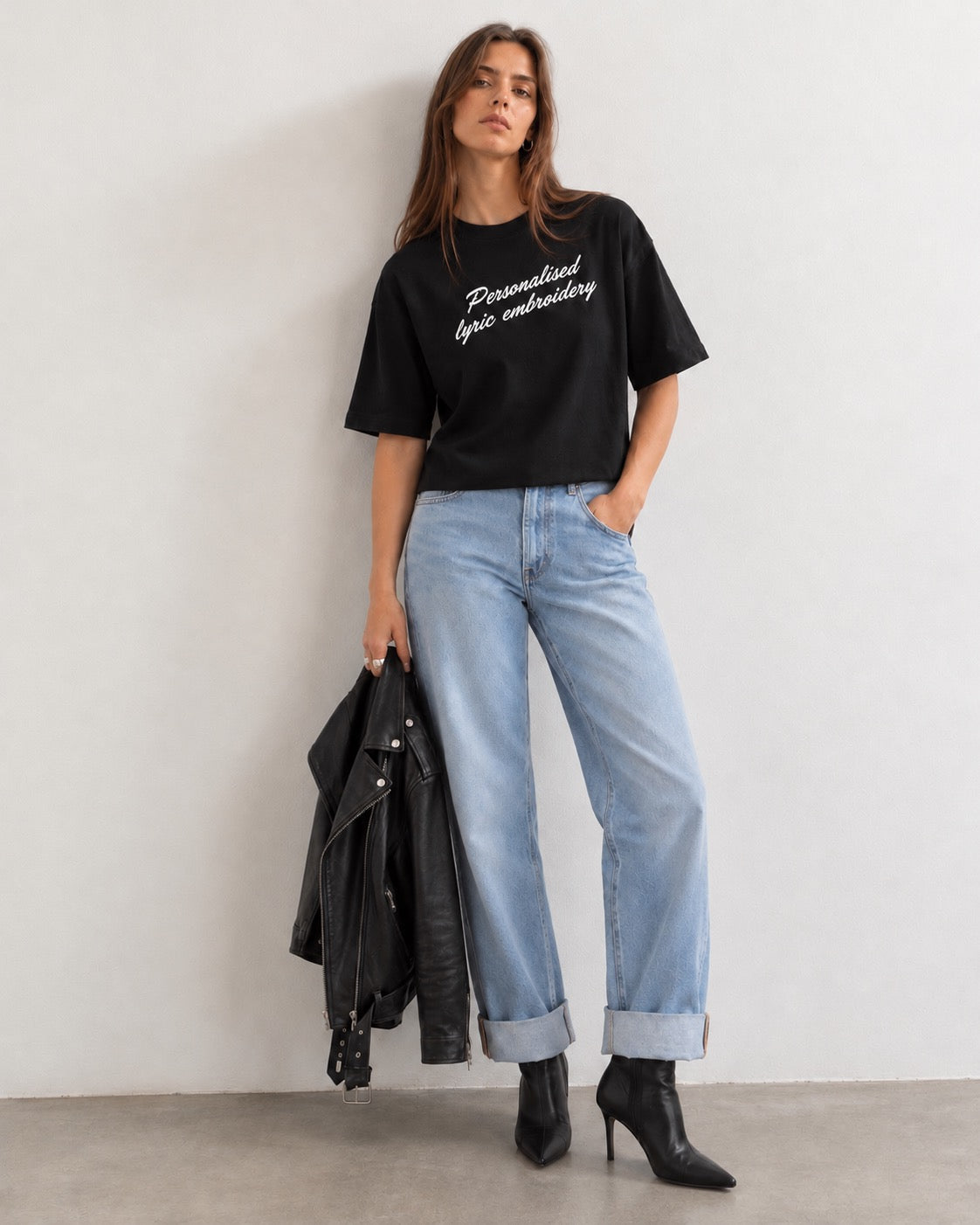 Personalised Lyric Centre Chest Embroidered premium organic women's boxy 'Nova' t-shirt - choose your own lyrics, font and thread colour