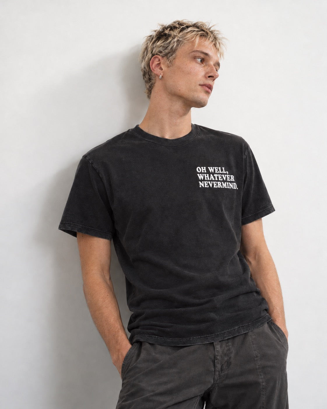 Men's 'OH WELL, WHATEVER, NEVERMIND.' embroidered premium organic vintage aged t-shirt - inspired by Nirvana