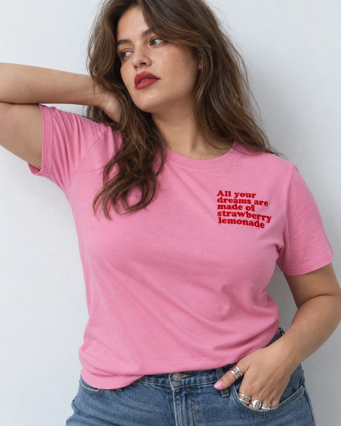 Women's 'ALL YOUR DREAMS ARE MADE OF STRAWBERRY LEMONADE' left chest embroidered premium organic medium fit 'Muser' t-shirt - extended sizing XS-5XL