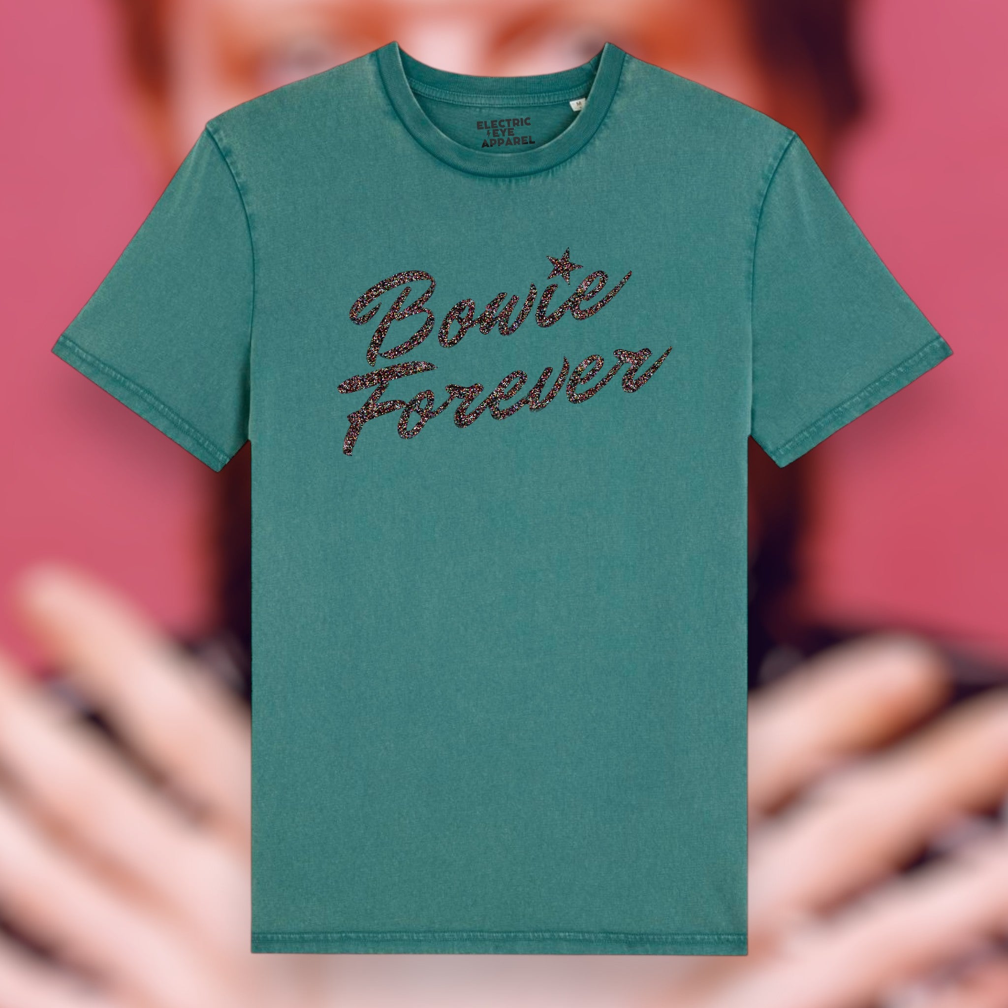 Limited Edition 'BOWIE FOREVER' glitter embroidered premium organic unisex vintage aged t-shirt - inspired by David Bowie