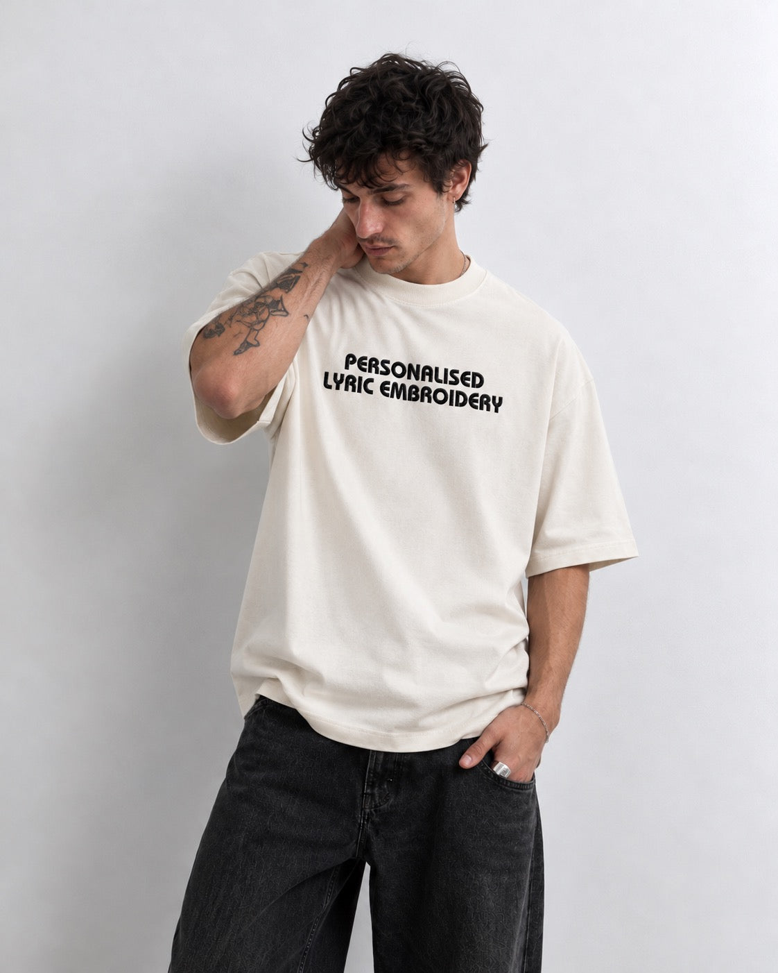 Men's Personalised Lyric Centre Chest Embroidered premium organic iconic heavy dropped shoulder 'Blaster' t-shirt
