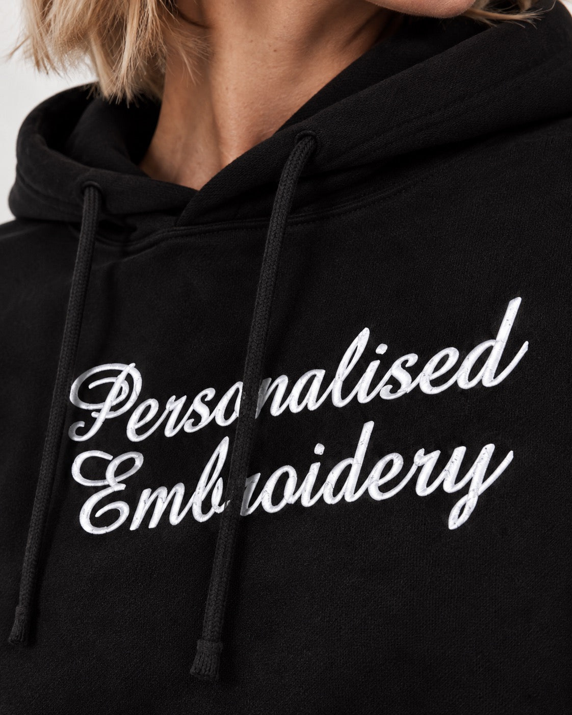 Personalised Lyric Centre Chest Embroidered premium organic women's drop shoulder 'Nora' hoodie - choose your own lyrics, font and thread colour