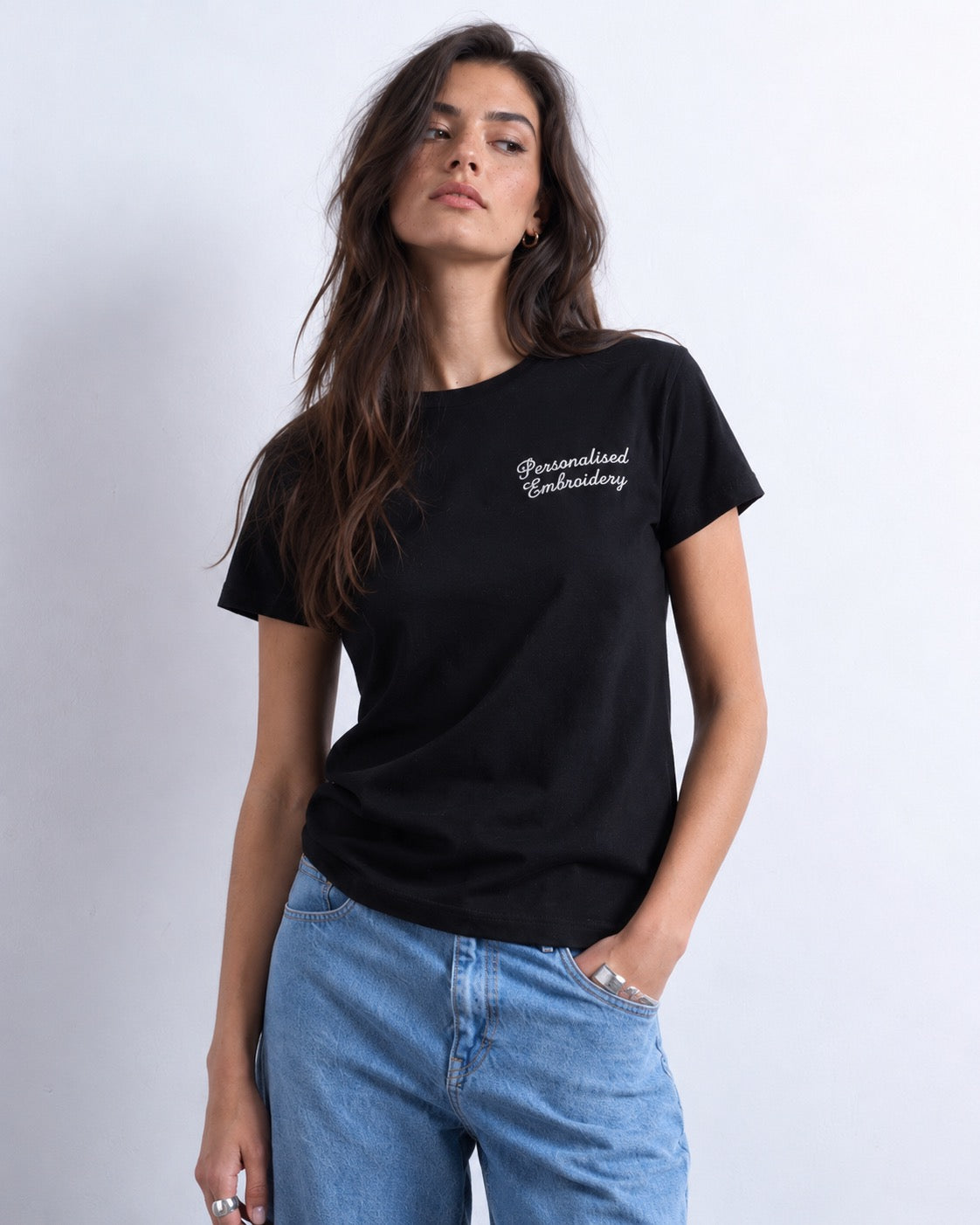 Personalised Lyric Left Chest Embroidered premium organic women's iconic mid-light 'Sienna' t-shirt - choose your own lyrics, font and thread colour