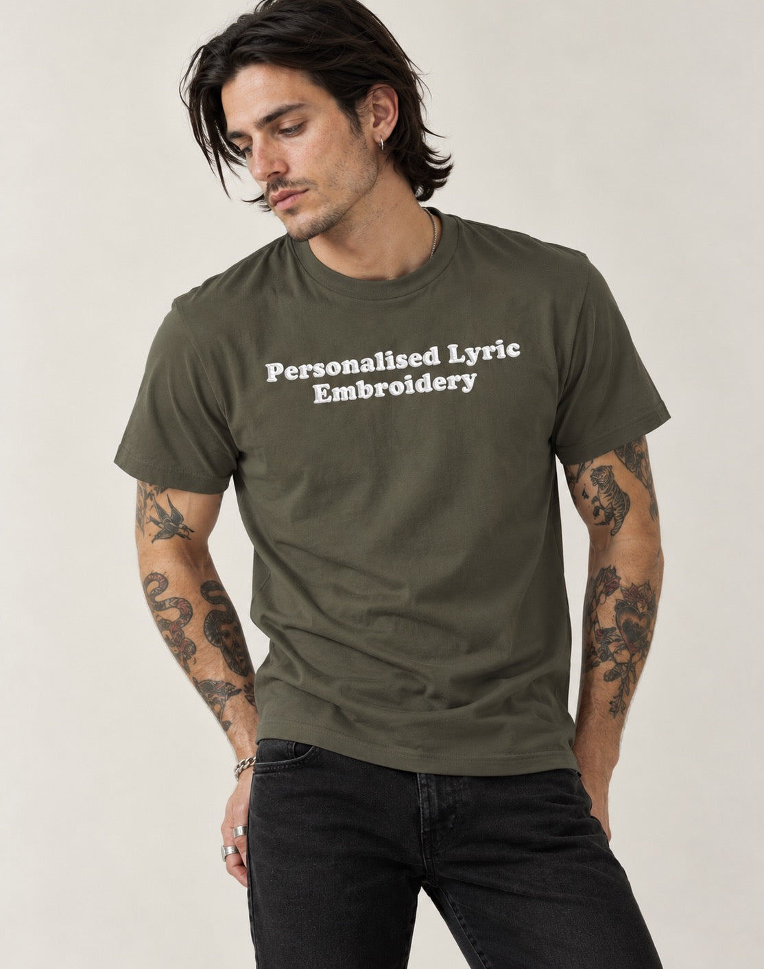 Personalised Lyric Centre Chest Embroidered premium organic iconic men's 'Rocker' t-shirt - choose your own lyrics, font and thread colour